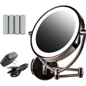 image:imageOvente 75 Lighted Wall Mount Makeup Mirror 1X amp 10X Magnifier Spinning Double Sided Round LED w Dimmer Switch Extend Retractable amp Folding Arm Battery USB Powered Nickel Brushed MLW75BR1X10XAntique Brass