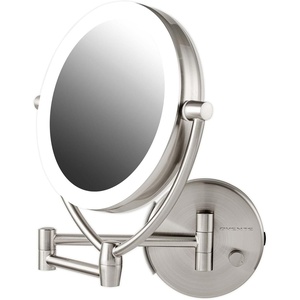 image:imageOvente 75 Lighted Wall Mount Makeup Mirror 1X amp 10X Magnifier Spinning Double Sided Round LED w Dimmer Switch Extend Retractable amp Folding Arm Battery USB Powered Nickel Brushed MLW75BR1X10XNickel Brushed