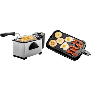 image:imageOVENTE Electric Deep Fryer 1500W 2L Capacity with Lid Viewing Window and Electric Griddle 16x10in Nonstick Flat Cooking Surface