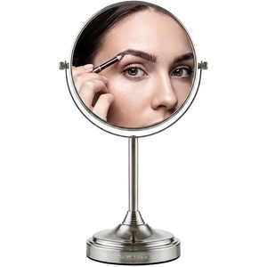 image:imageOVENTE 7 Lighted Tabletop Makeup Mirror 1X amp 7X Magnifier Spinning Double Sided Round LED Great for Vanity Bath amp Bedroom Battery Powered Polished Chrome MCT70CH1X7X Pack of 2Nickel Brushed